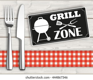 Fork with knife and sign with text "BBQ Zone". Eps 10 vector file.