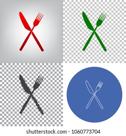 Fork and Knife sign. Vector. 4 styles. Red gradient in radial lighted background, green flat and gray scribble icons on transparent and linear one in blue circle.