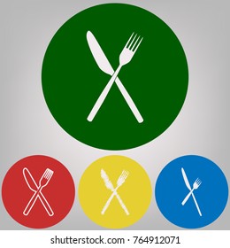 Fork and Knife sign. Vector. 4 white styles of icon at 4 colored circles on light gray background.