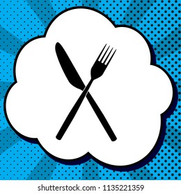 Fork and Knife sign. Vector. Black icon in bubble on blue pop-art background with rays.