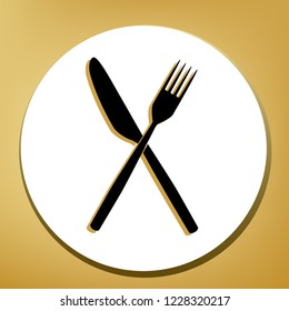 Fork and Knife sign. Vector. Black icon with light brown shadow in white circle with shaped ring at golden background.