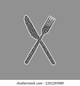 Fork and Knife sign. Vector. Black maze filled icon with white border at gray background.