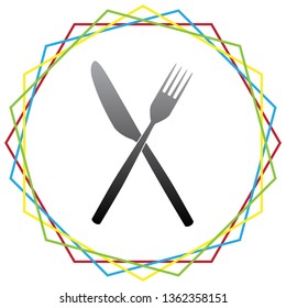 Fork and Knife sign. Vector. Black icon with patch of light inside colorful hexagonal frames at white background.