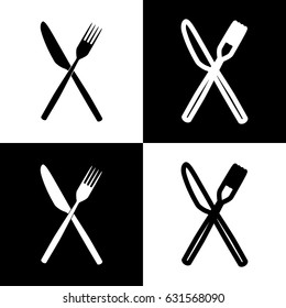 Fork and Knife sign. Vector. Black and white icons and line icon on chess board.