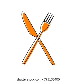 Fork and Knife sign. Vector. Black line icon with shifted flat orange filled icon on white background. Isolated.