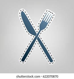 Fork and Knife sign. Vector. Blue icon with outline for cutting out at gray background.