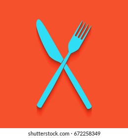 Fork and Knife sign. Vector. Blue icon with soft shadow putted down on flamingo background.