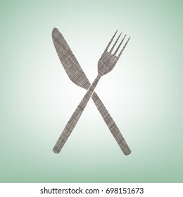 Fork and Knife sign. Vector. Brown flax icon on green background with light spot at the center.