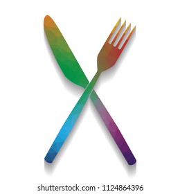 Fork and Knife sign. Vector. Colorful icon with bright texture of mosaic with soft shadow on white background. Isolated.