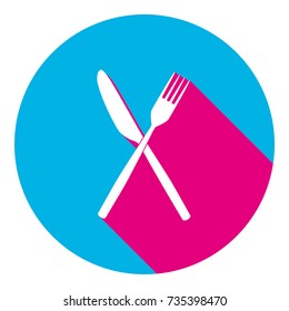 Fork and Knife sign. Vector. Flat white icon with mexican pink shadow inside sky blue(S and G) circle at white background. Isolated. Trend colors in 2017.