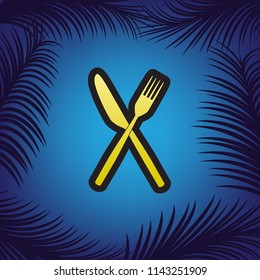Fork and Knife sign. Vector. Golden icon with black contour at blue background with branches of palm trees.