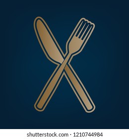 Fork and Knife sign. Vector. Golden icon and border at dark cyan background.