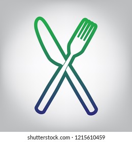 Fork and Knife sign. Vector. Green to blue gradient contour icon at grayish background with light in center.