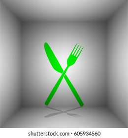 Fork and Knife sign. Vector. Green icon with shadow in the room.