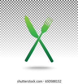 Fork and Knife sign. Vector. Green gradient icon with shadow at bottom on transparent and white background.