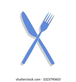 Fork and Knife sign. Vector. Neon blue icon with cyclamen polka dots pattern with light gray shadow on white background. Isolated.