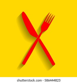 Fork and Knife sign. Vector. Red icon with soft shadow on golden background.