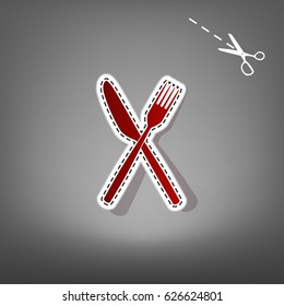 Fork and Knife sign. Vector. Red icon with for applique from paper with shadow on gray background with scissors.