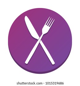 Fork and Knife sign. Vector. White icon with flat shadow on purpureus circle at white background. Isolated.