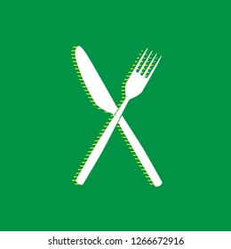 Fork and Knife sign. Vector. White flat icon with yellow striped shadow at green background.