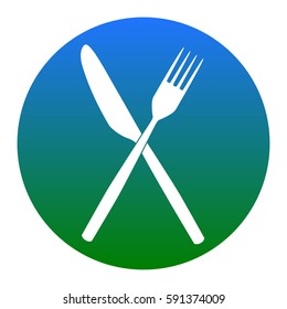 Fork and Knife sign. Vector. White icon in bluish circle on white background. Isolated.