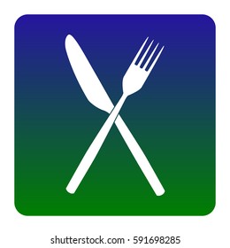 Fork and Knife sign. Vector. White icon at green-blue gradient square with rounded corners on white background. Isolated.