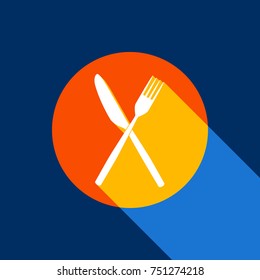 Fork and Knife sign. Vector. White icon on tangelo circle with infinite shadow of light at cool black background. Selective yellow and bright navy blue are produced.