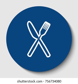 Fork and Knife sign. Vector. White contour icon in dark cerulean circle at white background. Isolated.