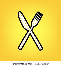 Fork and Knife sign. Vector. Yellow polka dot white icon with black contour at warm yellow background.