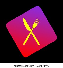 Fork and Knife sign. Vector. Yellow icon at violet-red gradient square with rounded corners rotated for dynamics on black background.