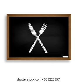 Fork and Knife sign. White chalk icon on black school board