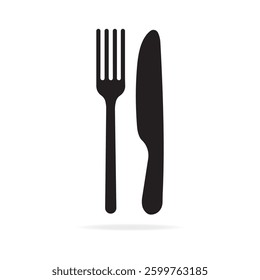 Fork and knife silhouette on a simple background, representing dining and food preparation activities. Vector
