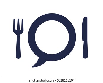 Fork and knife with speech bubble plate blue logo icon isolated on white background. Flat vector image for restaurant information, logo, menu or customers review concept