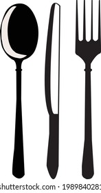Fork, knife, spoon, 3 kinds of black vector on white background.