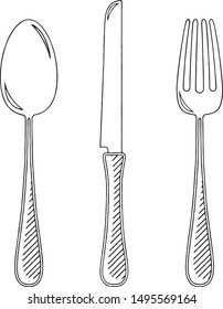 Fork, knife, spoon - black and white illustration/ drawing