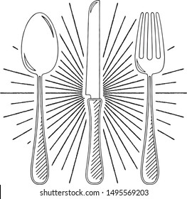 Fork, knife, spoon - black and white illustration/ drawing