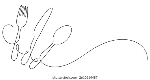 Fork, knife and spoon. Continuous line drawing. Menu frame border doodle.  