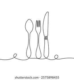 Fork, Knife and Spoon Continuous One Line Drawing. Tableware Abstract Minimal Simple Linear Drawing. Kitchen Concept Continuous One Line Illustration. Vector Modern Trendy Contour Drawing. 