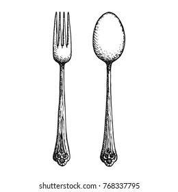 Fork knife and spoon cutlery vector sketch. hand drawing isolated