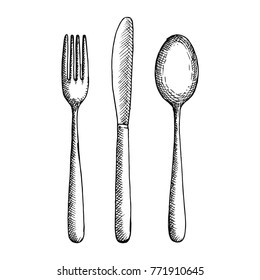 Fork Knife And Spoon Cutlery Vector Sketch