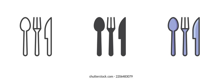 Fork knife and spoon different style icon set. Line, glyph and filled outline colorful version, outline and filled vector sign. Symbol, logo illustration. Vector graphics