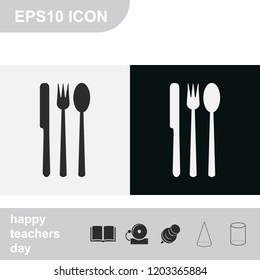 Fork, knife and spoon flat black and white vector icon.