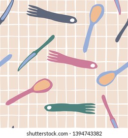 Fork, knife, Spoon hand draw seamless pattern on stripe background. Simple style Seamless cutlery pattern. Minimal scandinavian design
