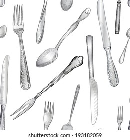 Fork, Knife, Spoon hand drawing sketch  seamless texture. Cutlery  pattern