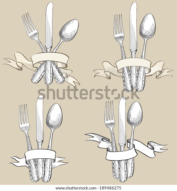 Gabel Messer Loffelhandzeichensatz Cutlery Kollektion Restaurant Symbol Stock Vektorgrafik Lizenzfrei