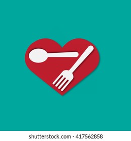 Fork and knife and spoon with heart shape lovely food logo. Cutlery sign.