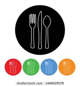 Fork knife and spoon icon black circle design element with an outline style vector silverware illustration with four color variations isolated on a white background