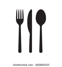 Fork knife and spoon icon logo. Simple flat shape sign. Restaurant cafe kitchen diner place menu symbol. Vector illustration image. Black silhouette isolated on white background.