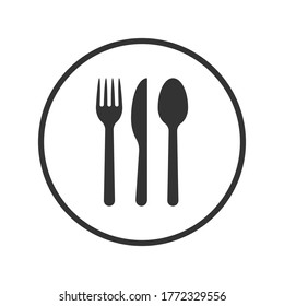 Gabelmesser und Löffelsymbol. Logo der Rundform. Einfaches Flachrestaurant oder Café Place Schild. Symbol Küche und Abendessen Menü. Vektorgrafik. Schwarze Silhouette einzeln auf weißem Hintergrund.
