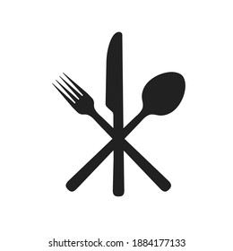 Fork Knife Spoon icon vector. Kitchen cutlery symbol. Isolated silhouette of restaurant silverware set. Modern cafe and food serving badge emblem graphic design. Crossed utensil abstract lunch logo V2